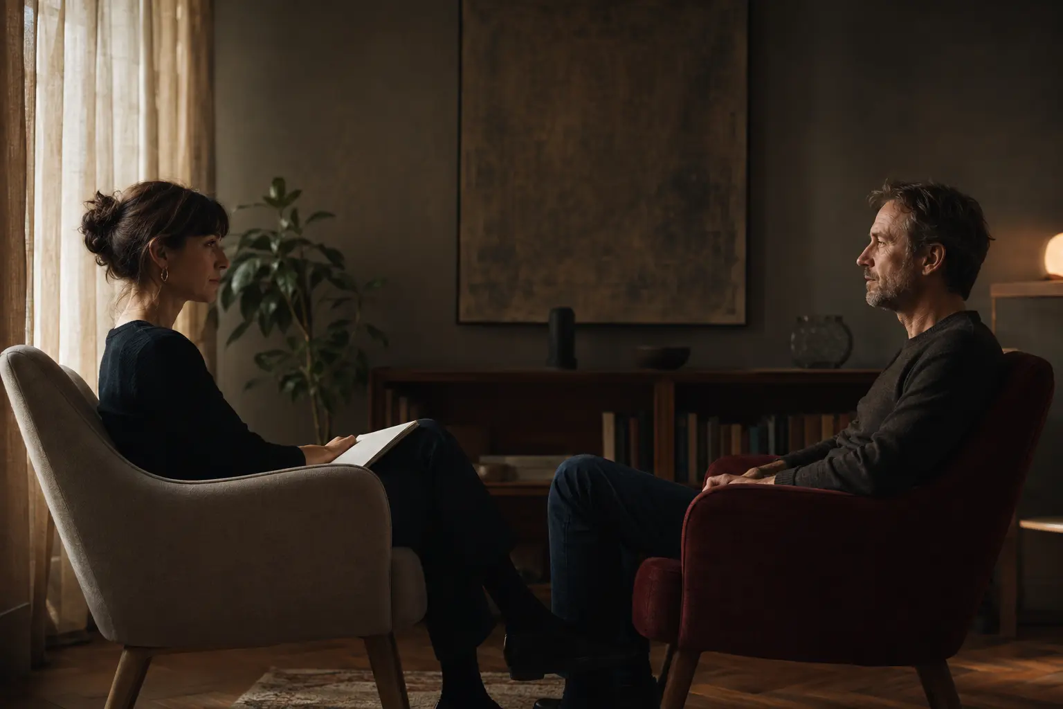 A therapist and a patient sitting face-to-face in an office