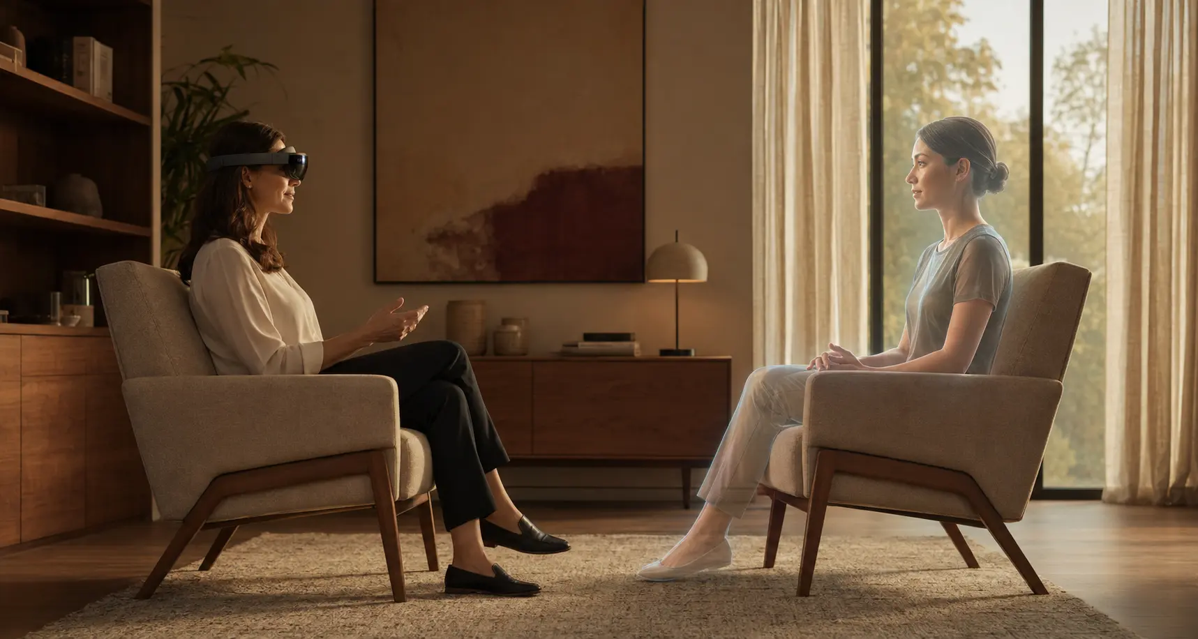 A therapist in a VR headset speaking with a lifelike 3D patient persona
